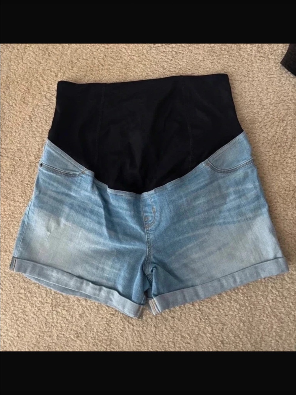 High-Waist Maternity Denim Shorts with Black Support Panel - Light Blue